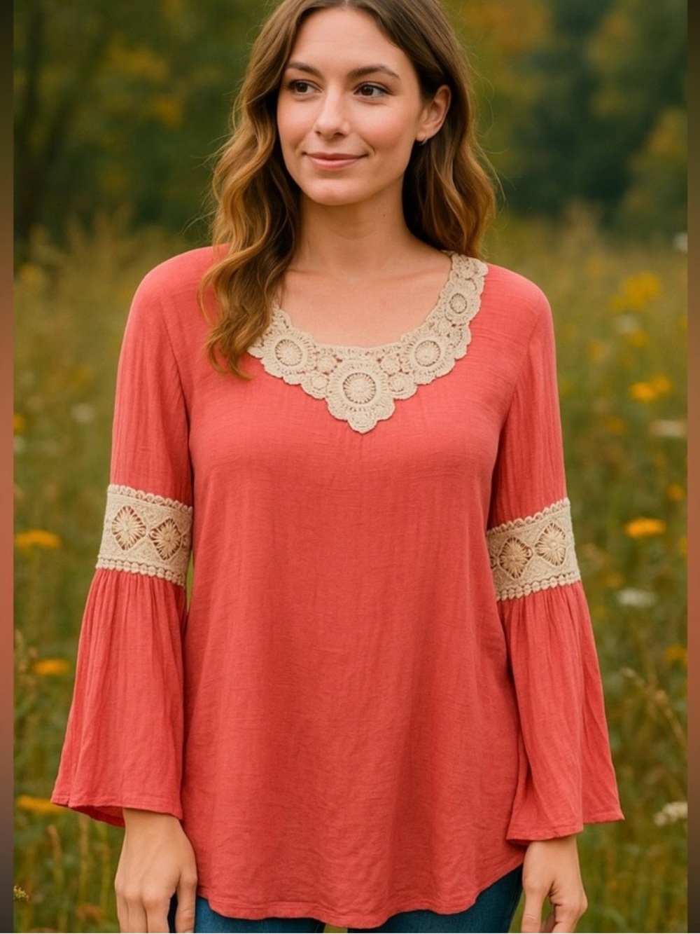 Indigo Soul Boho Pink Top with Crochet Lace Detailing L
